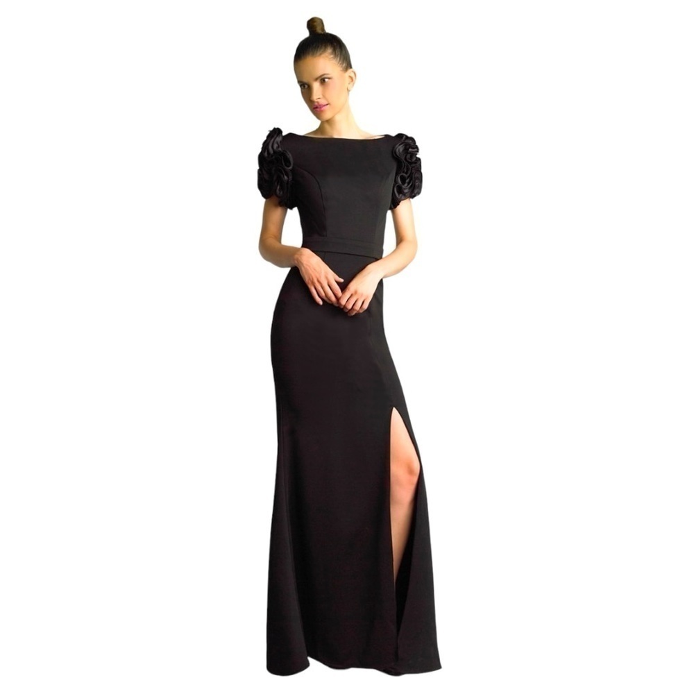 Basix Black Label Floral Sleeve Long Dress Evening Gown Size 2 Classic Black - Picture 8 of 14